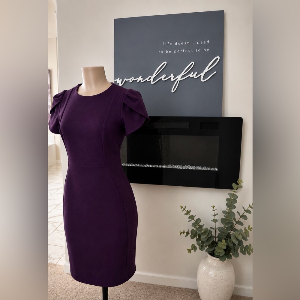 Calvin Klein Plum Puff-Sleeve Midi Sheath Dress